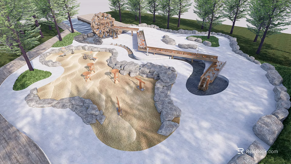 Outdoor Children's Play Area with Natural Sand Pits Rock Borders Wooden Structures and Surrounding Trees 3d model 