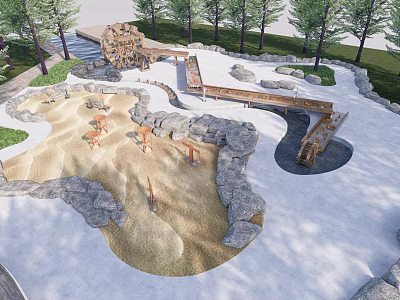 Outdoor Children's Play Area with Natural Sand Pits Rock Borders Wooden Structures and Surrounding Trees 3d model