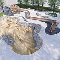 Outdoor Children's Play Area with Natural Sand Pits Rock Borders Wooden Structures and Surrounding Trees