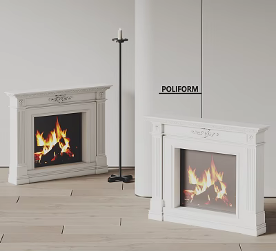 Modern White Fireplace Interior Design With Burning Flames And Poliform Brand 3d model