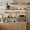 Modern Kitchen Interior With Multiple Appliances Wooden Cabinets Hanging Utensils And Spice Shelves