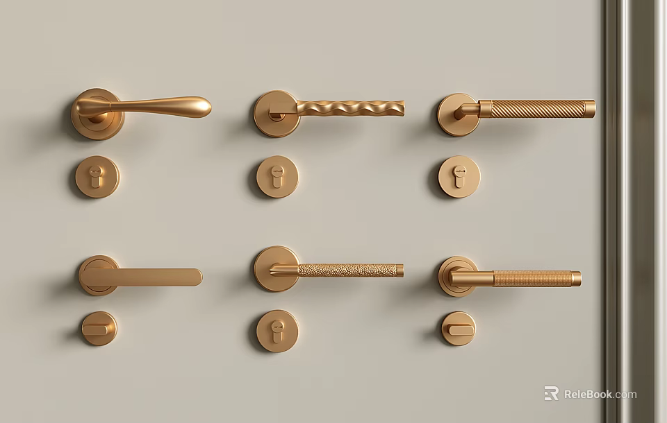 Various Styles Of Golden Door Handles Arranged On White Background 3d model 