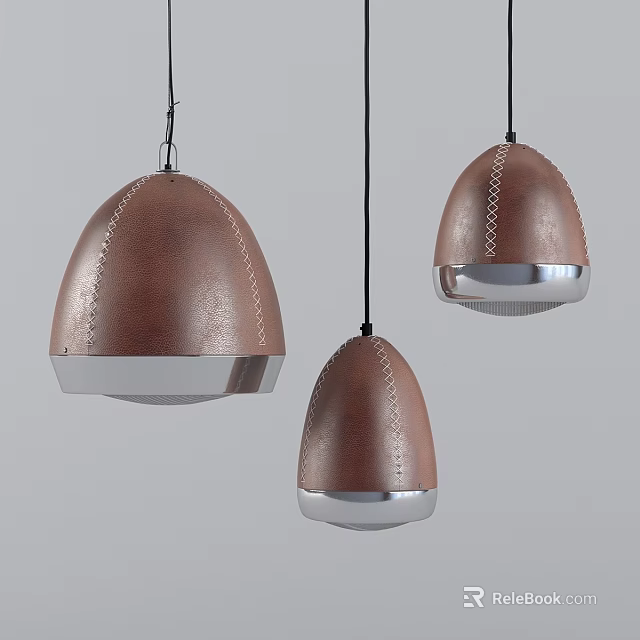 Three Modern Brown Leather Pendant Lights With Stitched Design And Silver Base 3d model
