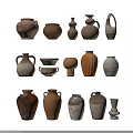 Decorative Ceramic Vessels In Various Shapes With Earthy Tones And Textured Surfaces