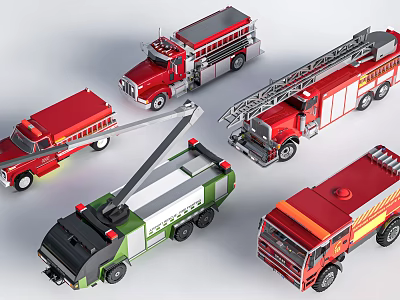 Colorful Toy Fire Trucks With Ladder Crane And Various Models Design 3d model
