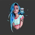 Blue Haired Girl With Red Eyed Owl On Shoulder Light Green T Shirt And Tattoo