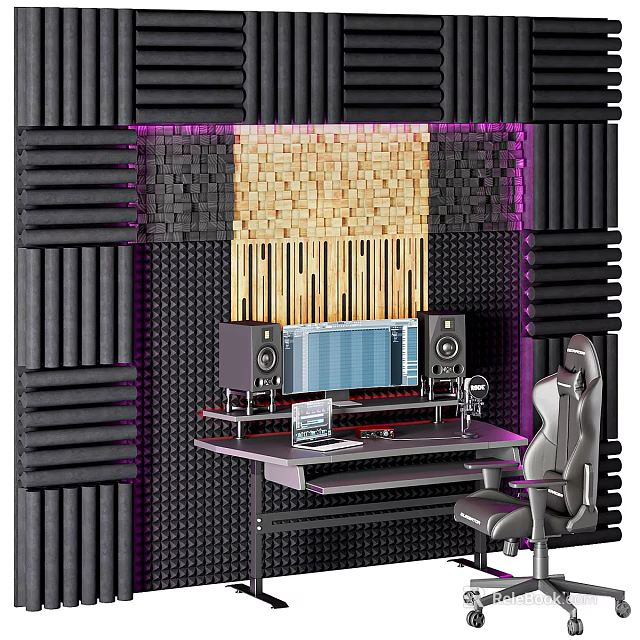 Modern Desk with Computer Monitor Speakers Gaming Chair and Soundproof Panels Purple Lighting 3d model 