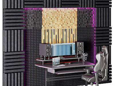 Modern Desk with Computer Monitor Speakers Gaming Chair and Soundproof Panels Purple Lighting 3d model