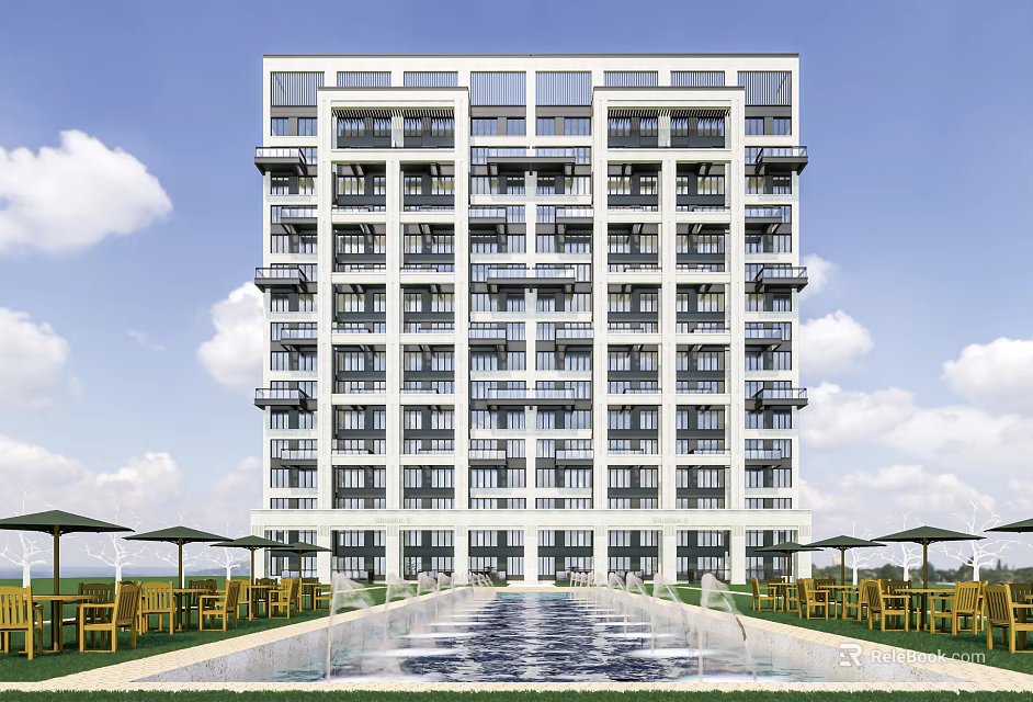 Modern High Rise Apartment Building Exterior With Swimming Pool And Outdoor Lounge Area 3d model 