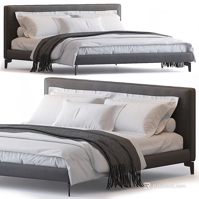 Modern Double Bed with Upholstered Headboard White Sheets and Gray Blanket 3d model