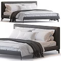 Modern Double Bed with Upholstered Headboard White Sheets and Gray Blanket 3d model