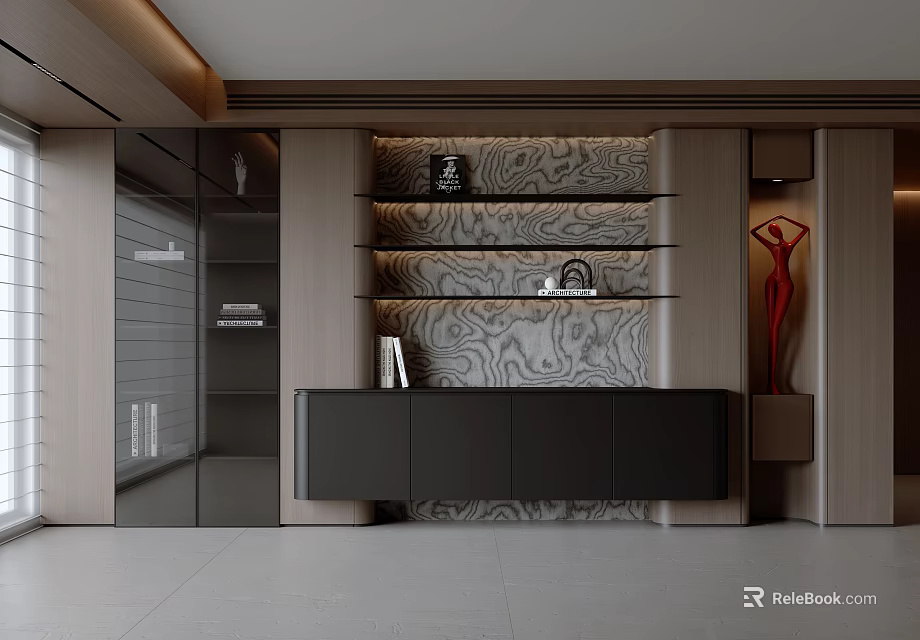 Modern Elegant Sideboard With Marble Patterned Wall Shelves And Red Sculpture 3d model