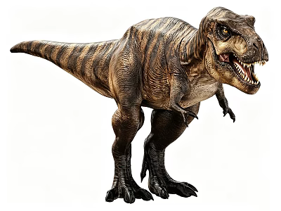 Lifelike Tyrannosaurus Rex Dinosaur With Open Mouth Sharp Teeth Striped Skin And Dynamic Stance 3d model