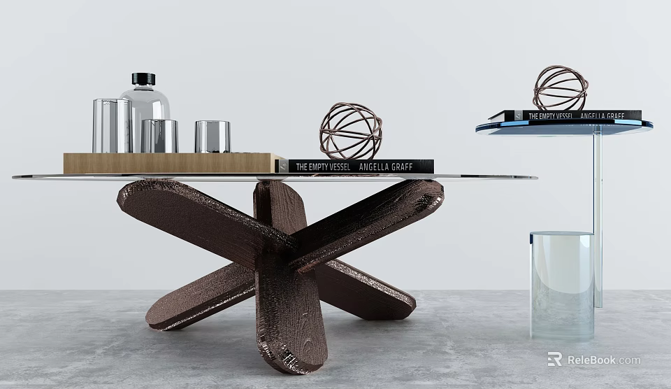 Modern Coffee Table With Glass Top Cross Wooden Base And Decorative Ornaments Including Books 3d model 