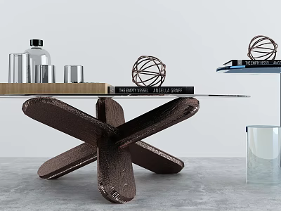 Modern Coffee Table With Glass Top Cross Wooden Base And Decorative Ornaments Including Books 3d model