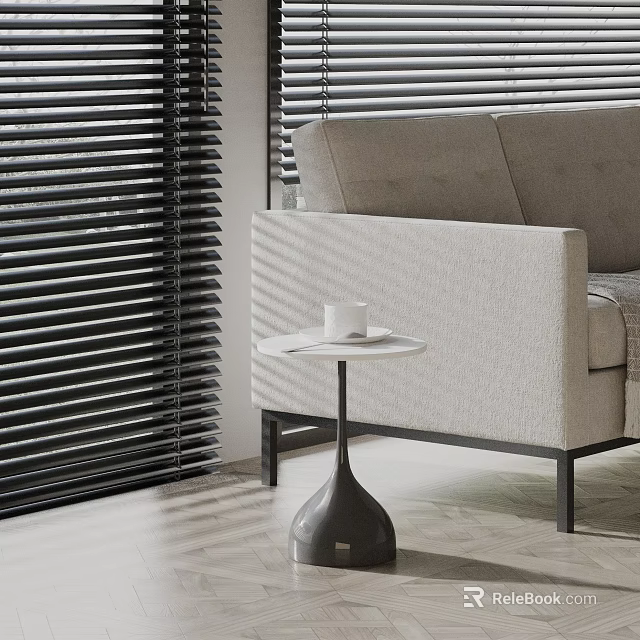 Modern Side Table Next To Beige Sofa With Coffee Cup And Black Blinds In Living Room 3d model 