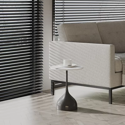 Modern Side Table Next To Beige Sofa With Coffee Cup And Black Blinds In Living Room 3d model