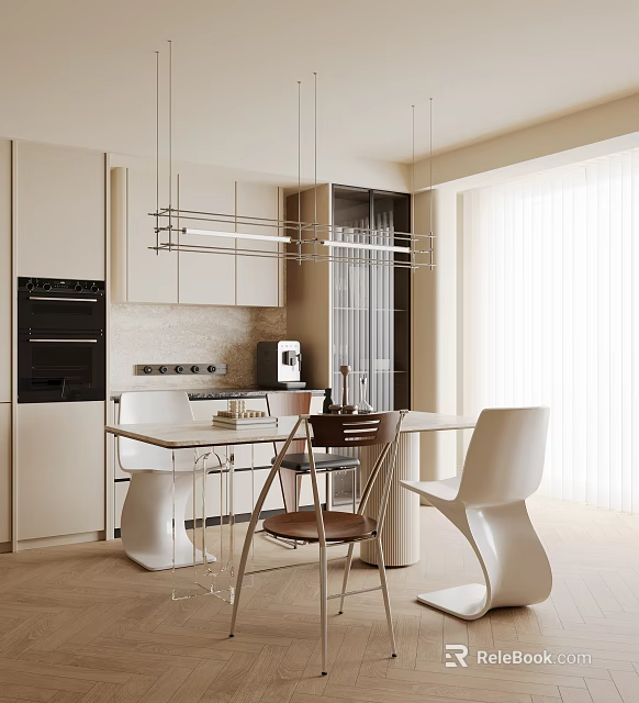 Modern Restaurant Kitchen With White Cabinets Dining Table Chairs And Pendant Lights 3d model