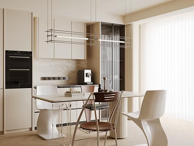 Modern Restaurant Kitchen With White Cabinets Dining Table Chairs And Pendant Lights 3d model