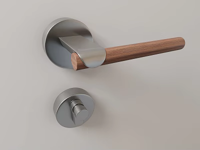 Modern Door Handle With Silver Metal Base Wooden Grip And Round Lock Cylinder 3d model