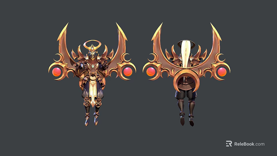 Mythical Character Design With Golden Wings Halo And Red Gems Details 3d model 