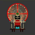 Steampunk Mechanical Model With Red Wheel Gears Metal Structure And Wooden Base