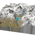 Garden Landscape With Snow Covered Mountains Blue Lake And Winding River