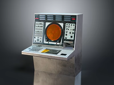 Vintage Control Console Featuring Circular Orange Display Buttons Knobs And Panel Surface 3d model