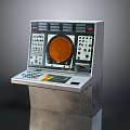 Vintage Control Console Featuring Circular Orange Display Buttons Knobs And Panel Surface