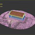 Ancient Temple Model Featuring Red Roof And Columned Structure With Surrounding Greenery Terrain