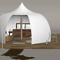 White Dome Shaped Glamping Tent Interior With Wooden Bed Exterior Wooden Floor And Chairs