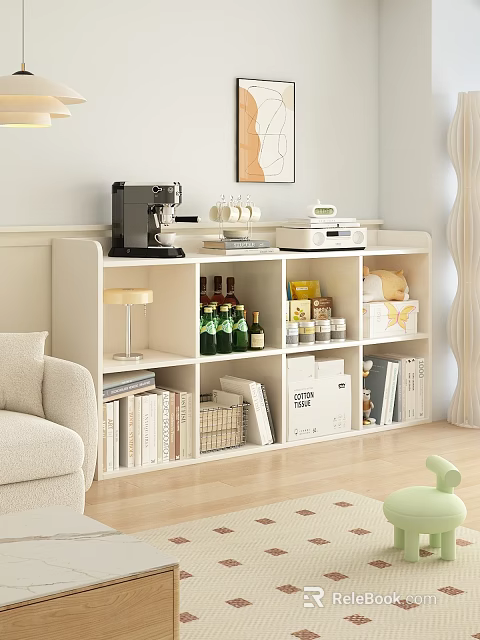 White Modern Bookshelf In Living Room With Coffee Machine Mugs Printer Wine Bottles Books Basket 3d model 