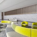 Hotel Lobby Interior Featuring Yellow Sofas Marble Floor And Wooden Wall Decor