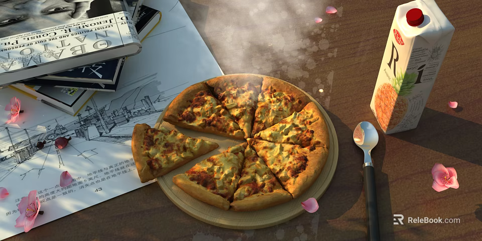 Freshly Baked Sliced Pizza on Wooden Tray with Steaming Cheese and Rose Petals 3d model 