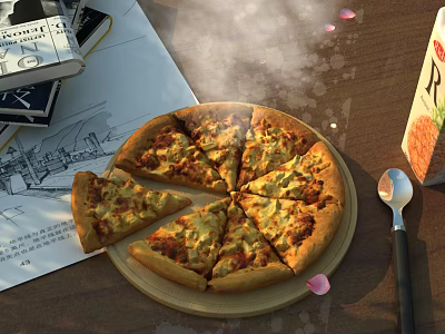 Freshly Baked Sliced Pizza on Wooden Tray with Steaming Cheese and Rose Petals 3d model