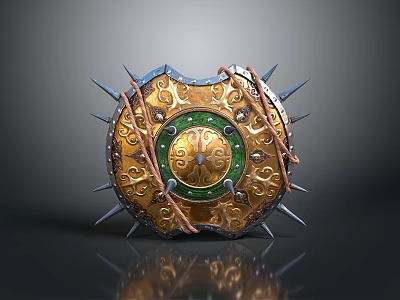 Ornate Golden Shield With Green Accents Spikes And Leather Straps Medieval Fantasy Weapon Design 3d model