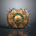 Ornate Golden Shield With Green Accents Spikes And Leather Straps Medieval Fantasy Weapon Design