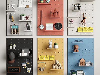 Colorful Pegboard Wall Decor With Plants Clock Notes And Miniature Decor In Various Hues 3d model