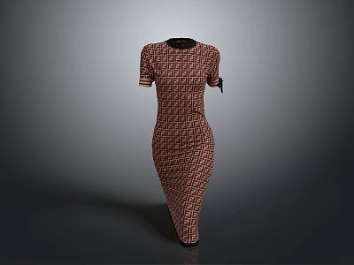 Stylish Fitted Daily Wear Dress With Black Collar Short Sleeves And Brown White Geometric Pattern 3d model