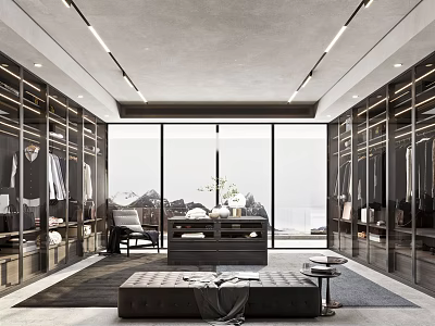 Modern Walk in Closet Design With Floor to Ceiling Wardrobes Large Windows And Central Seating 3d model
