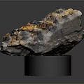 Natural Stone Mineral Specimen With Golden Crystal Inclusions And Black White Texture On Display Base