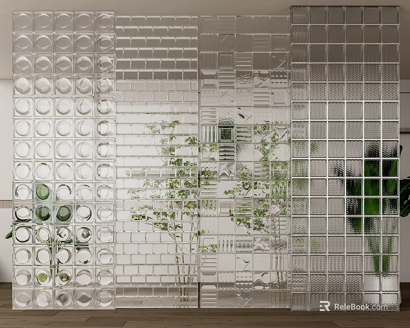 Modern Glass Block Room Divider With Transparent Panels And Green Plants 3d model 