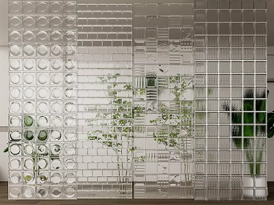 Modern Glass Block Room Divider With Transparent Panels And Green Plants 3d model