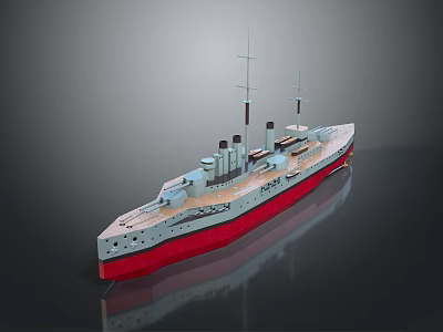 Detailed Warship Model With Gray Hull Red Bottom Twin Masts Smoke Stacks In Side View 3d model