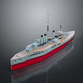 Detailed Warship Model With Gray Hull Red Bottom Twin Masts Smoke Stacks In Side View