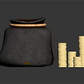 Brown Leather Pouch With Gold Coins And Stacked Coin Piles