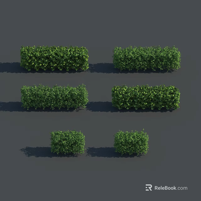 Six Green Trimmed Shrubs In Various Shapes On Gray Background 3d model