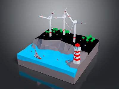 Wind Turbines Lighthouse Sailboat in Green Coastal Renewable Energy Landscape 3d model