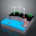 Wind Turbines Lighthouse Sailboat in Green Coastal Renewable Energy Landscape