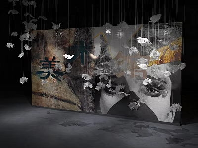 Artistic Background Wall Design With Hanging Butterfly Ornaments And Abstract Facial Prints 3d model